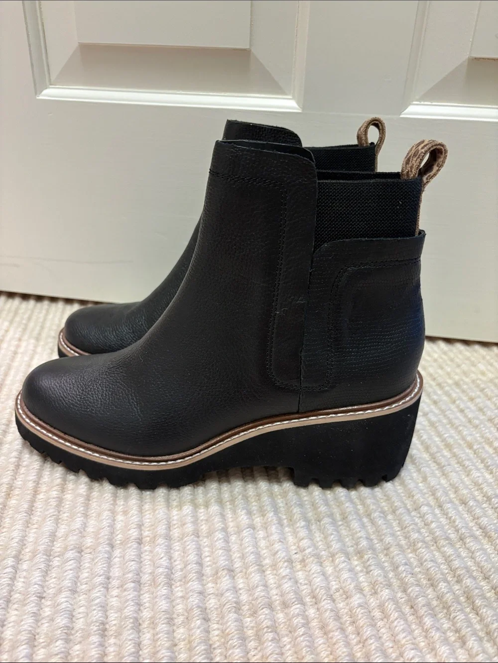 Dolce Vita Black Leather Chelsea Booties with Leopard Pull Tab